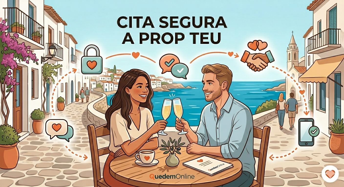 Parella somrient brindant en una terrassa de cafeteria per a una primera cita segura a prop teu, en català. Parella somrient brindant en una terrassa de cafeteria per a una primera cita segura a prop teu, en català.