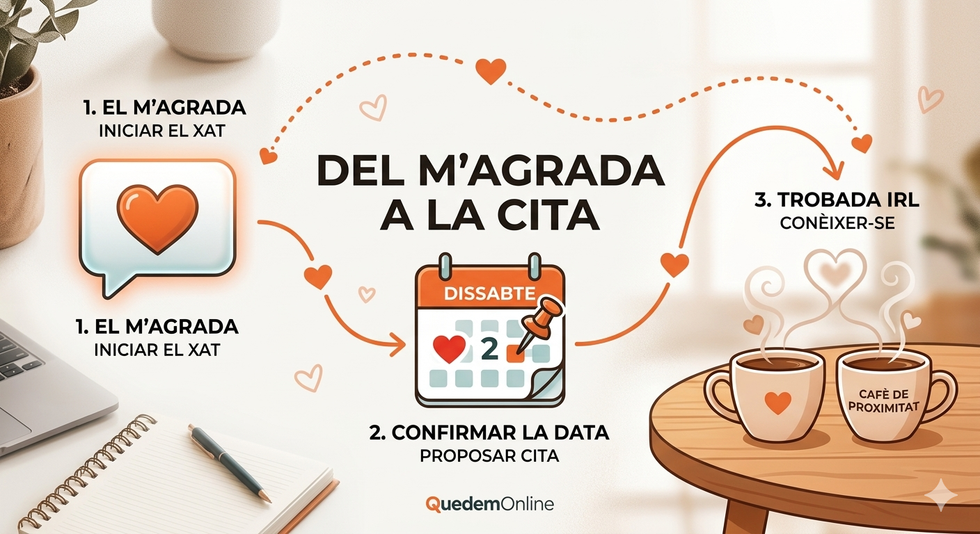 Infografia del procés de passar d'un missatge online a una cita real en una cafeteria. Infografia del procés de passar d'un missatge online a una cita real en una cafeteria.